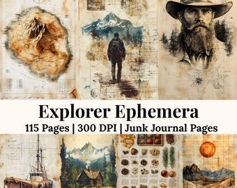 Reise Junk Journal Seiten Vintage Karte Ephemera Alte Karte Seiten im Alter von Pergamentpapier Kompass Kunst historische druckbare Set
