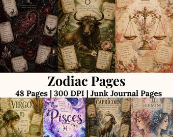 Zodiac Journal Kit Celestial Ephemera Astrologie Papier Sterne und Mond Printables Boho Sternzeichen Journal Seiten