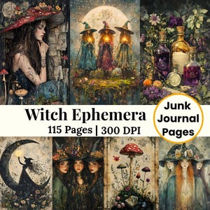 Peut inclure: Une collection d'impressions d'art numérique sur le thème des sorcières. Les images présentent des illustrations de sorcières, de potions, de champignons et de lunes. Le texte sur l'image indique "Witch Ephemera 115 Pages | 300 DPI" et "Junk Journal Pages".