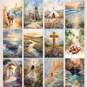 Puede incluir: Una colecci&oacute;n de pinturas a la acuarela con temas religiosos y naturales. Las im&aacute;genes representan escenas como una iglesia, una cruz en un campo de flores, un barco en el mar, un tipi y un burro en un camino. La paleta de colores incluye azules, verdes y amarillos.