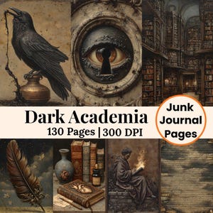 May include: A collage of images with a dark academia theme. Features a raven, an eye-shaped keyhole, a library, a feather, and a person reading a book. The text "Dark Academia" and "Junk Journal Pages" are also present, evoking a vintage aesthetic.