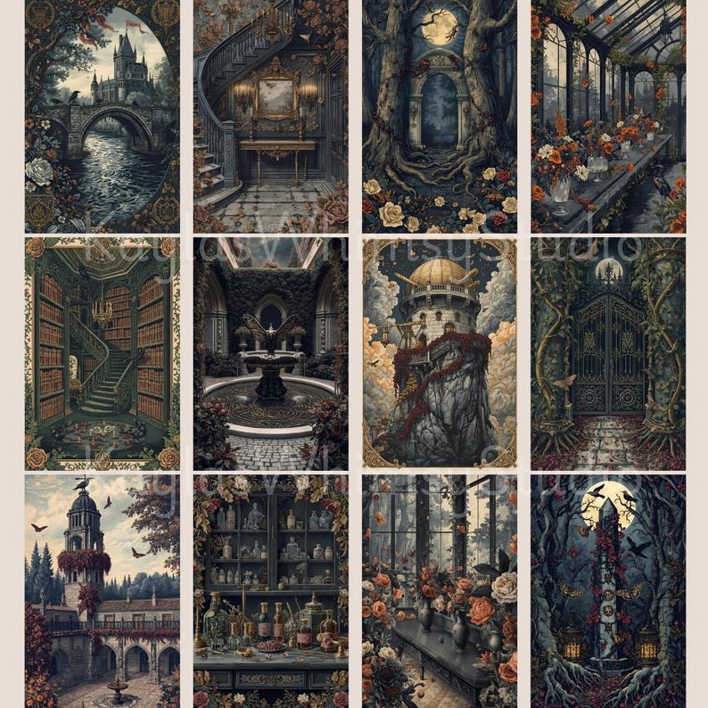 Gothic junk journal pages showing moonlit bridges, ivy-covered castles, stone courtyards, apothecary worktables, gothic towers, and vintage architectural scenes illustrated in a dark romantic ink style.