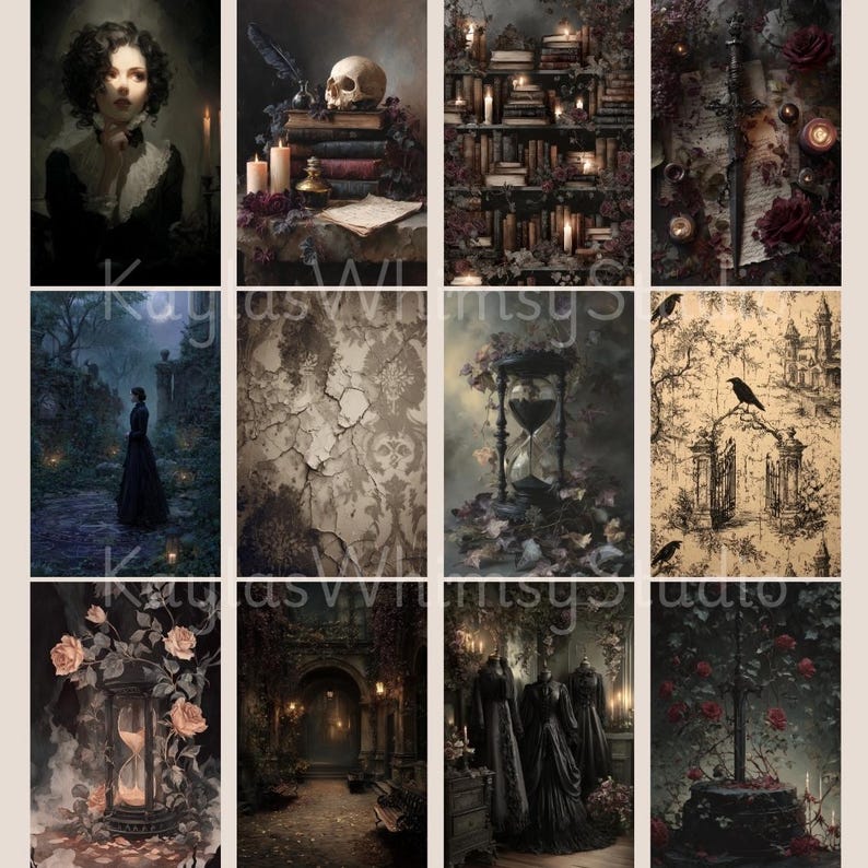 Vintage gothic junk journal pages featuring ivy-covered courtyards, stone fountains, raven toile patterns, apothecary bottles, and dark romantic garden settings.