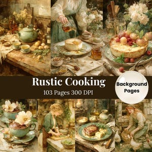 May include: A collage of watercolor illustrations depicting rustic cooking scenes. The images showcase various elements, including a teapot, a cake with fruit, and a woman preparing food. The text "Rustic Cooking" and "103 Pages 300 DPI" are also visible.