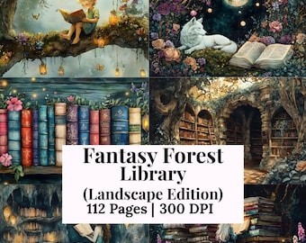 Peut inclure: Un collage d'art numérique représentant une bibliothèque de forêt fantastique. L'image comprend un elfe lisant, un loup blanc et une sirène. Le texte sur l'image indique "Fantasy Forest Library (Landscape Edition) 112 Pages | 300 DPI."