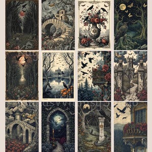 Dark romantic gothic journal pages illustrating moonlit gardens, gothic archways, stone staircases, enchanted courtyards, lantern light, and ivy-covered ruins.