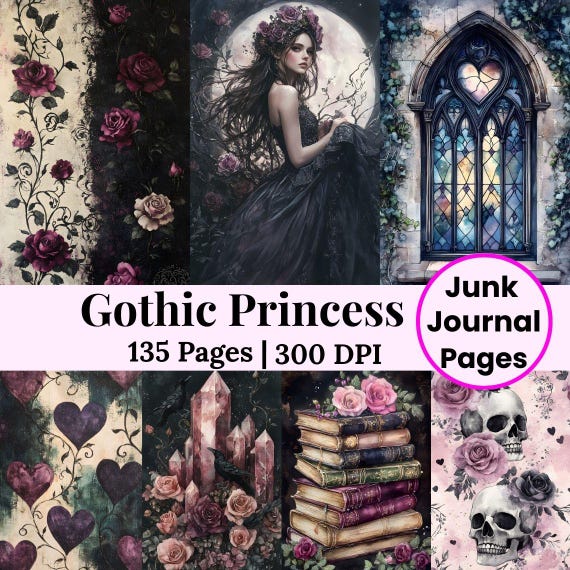 Gothic Printable Rustic Journal Kit Gothic Ephemera Shabby Chic Papers, Cottagecore Paper, Vintage Roses Digital Paper, Skull Journal Pages