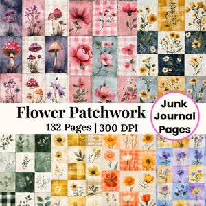 Flower Patchwork Journal, Vintage Sewing Journal, Shabby Chic Paper Textile Country Junk Journal Kit, Printable Floral Ephemera