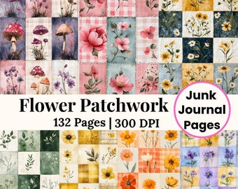 Blumen Patchwork Journal, Vintage Nähen Journal, Shabby Chic Papier Textil Land Junk Journal Kit, druckbare Blumen Ephemera