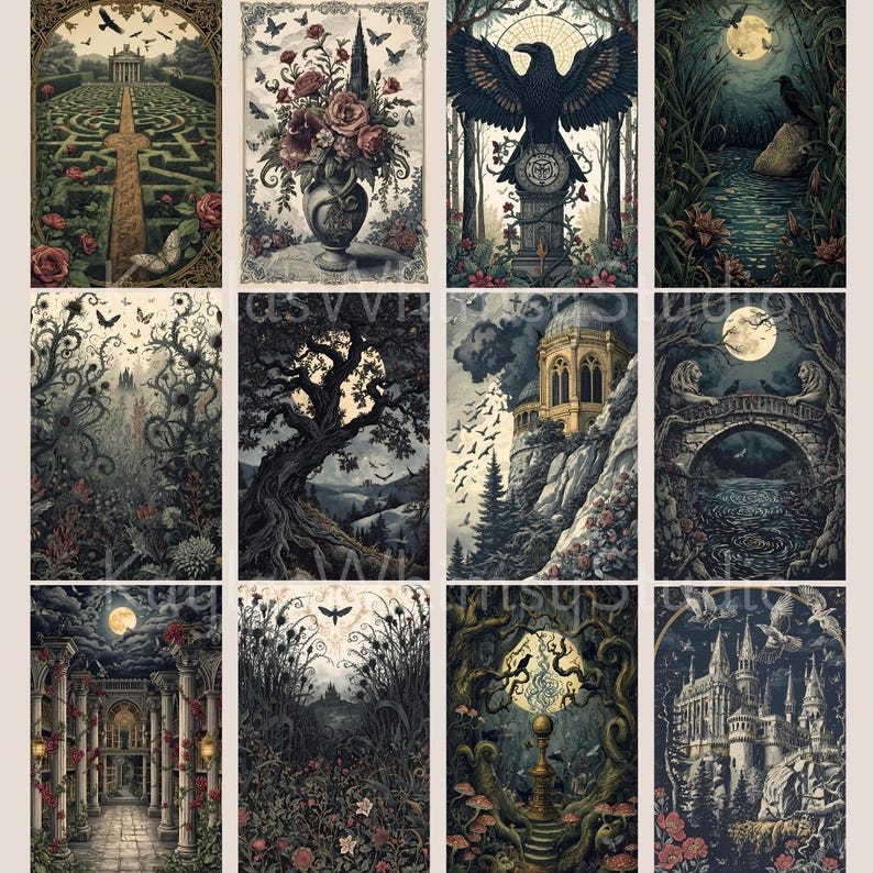 Gothic fantasy journal pages showing moonlit forests, arched stone bridges, winding paths, ravens in flight, gothic castles, and romantic nocturnal scenery with antique ink textures.