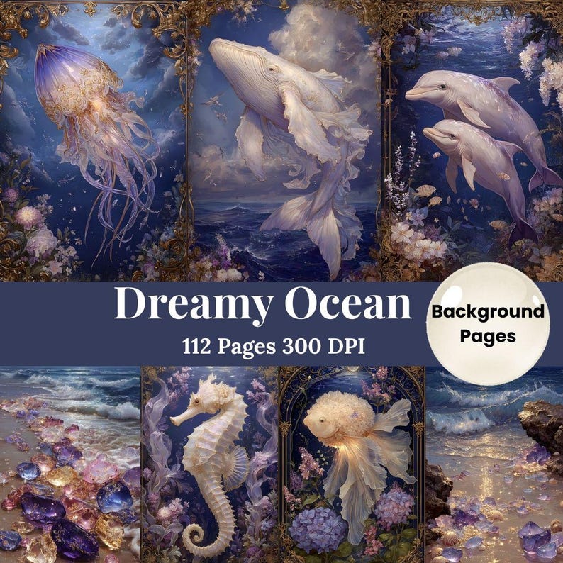 May include: Digital art featuring marine life, including a jellyfish, whale, dolphins, seahorse, and goldfish. The artwork has a dreamy aesthetic with a dark blue background and the text "Dreamy Ocean 112 Pages 300 DPI" and "Background Pages".