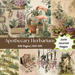 Könnte beinhalten: Apothecary Herbarium Junk-Journal-Seiten mit botanischen Illustrationen. Das Bild zeigt verschiedene Illustrationen im Vintage-Stil von Kräutern, Pflanzen und Apothekerwerkzeugen. Die Farbpalette umfasst Grün-, Braun- und Lilatöne.
