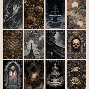 Gothic baroque junk journal pages showing carved stone interiors, vintage roses, moonlit fountains, celestial cloud illustrations, gilded patterns, dramatic staircases, and skull-framed architectural details.