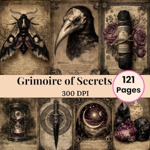 Op de afbeelding: Een verzameling illustraties in vintage stijl met een mystiek thema. De afbeeldingen bevatten een mot, een vogelachtige figuur, een bundel kruiden, een zandloper, een dolk, een hemelse scène en kristallen. De tekst "Grimoire of Secrets" en "121 Pages" is ook zichtbaar.