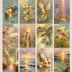 Puede incluir: Una colecci&oacute;n de doce impresiones art&iacute;sticas verticales con pinturas et&eacute;reas en tonos pastel. Las im&aacute;genes representan diversas escenas, incluyendo flores, palomas, un pergamino, un interior de iglesia y una puesta de sol sobre el oc&eacute;ano. La obra de arte evoca paz y espiritualidad.
