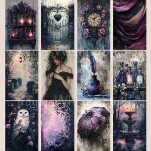 May include: A selection of digital art prints with gothic and romantic themes. The images depict a shelf with potion bottles, a heart-shaped gate, a clock surrounded by roses, and a woman in a black dress. The artwork has a dark, atmospheric style.