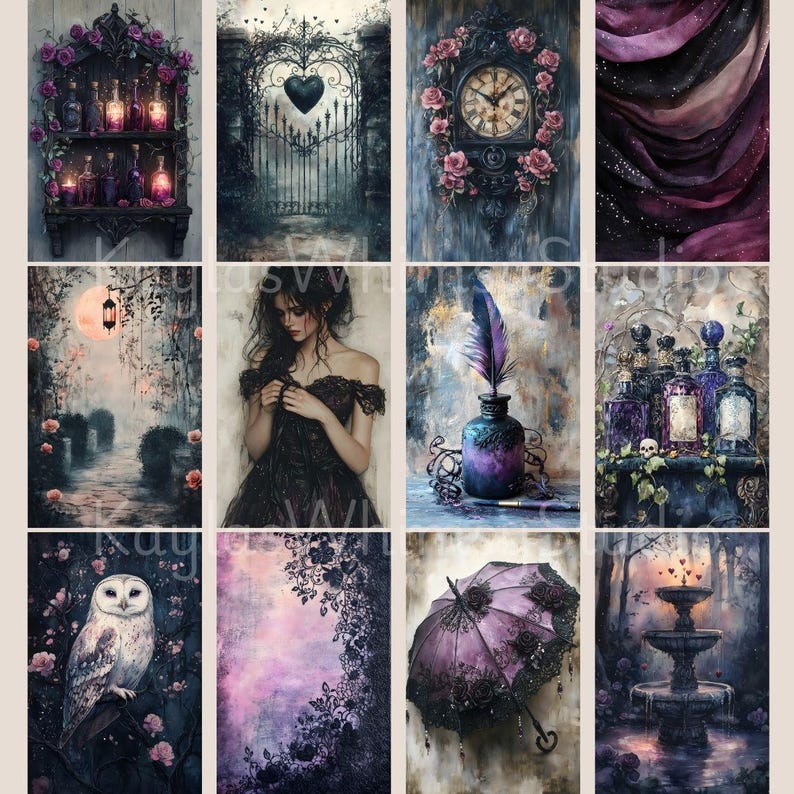 May include: A selection of digital art prints with gothic and romantic themes. The images depict a shelf with potion bottles, a heart-shaped gate, a clock surrounded by roses, and a woman in a black dress. The artwork has a dark, atmospheric style.