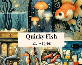 Quirky Fish Digital Art Bundle, Whimsical Fish Illustration Portrait, Bold Mixed Media Art, Sea Water Paper, Ocean Fish Journal Paper