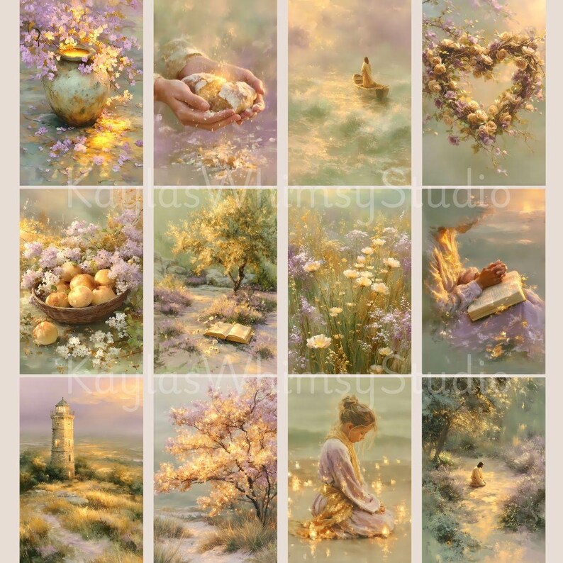 Puede incluir: Una colecci&oacute;n de grabados verticales con escenas serenas en colores pastel. Las im&aacute;genes representan varios temas, incluyendo flores, pan, un barco en el agua, un arreglo floral en forma de coraz&oacute;n y una persona leyendo un libro. El tema general es pac&iacute;fico y et&eacute;reo.