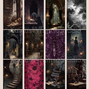 Gothic junk journal pages showing candlelit libraries, stone archways, iron gates, shadowy corridors, storm clouds, and atmospheric gothic architecture illustrated in a dark romantic style.