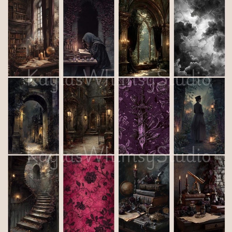 Gothic junk journal pages showing candlelit libraries, stone archways, iron gates, shadowy corridors, storm clouds, and atmospheric gothic architecture illustrated in a dark romantic style.