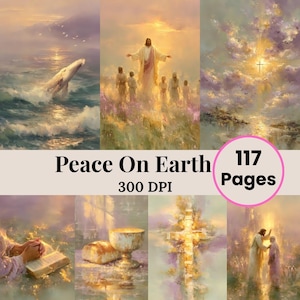 以下が含まれることがあります： 穏やかで幻想的な雰囲気の宗教的なアートプリントのコレクション。 海のクジラ、腕を広げた人物、十字架など、平和なシーンが描かれています。 「Peace On Earth」と「117 Pages」の文字も表示されています。