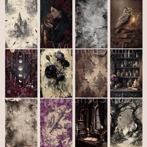Gothic fantasy journal pages showing moonlit ruins, antique pocket watches, apothecary shelves, enchanted fox illustrations, candlelit interiors, and storybook gothic scenes.