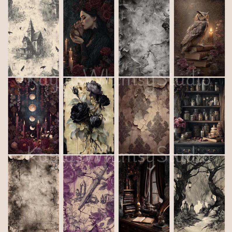 Gothic fantasy journal pages showing moonlit ruins, antique pocket watches, apothecary shelves, enchanted fox illustrations, candlelit interiors, and storybook gothic scenes.