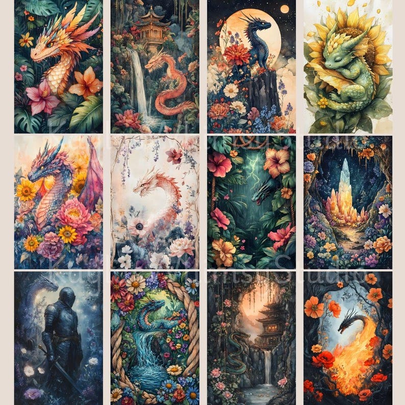 May include: A collection of twelve fantasy art prints featuring dragons in various settings. Dragons are depicted in vibrant colors, surrounded by flowers, waterfalls, and mystical landscapes. Each print has a unique composition and color palette.