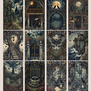 Vintage gothic junk journal artwork featuring wrought iron gates, moonlit waterways, gothic balconies, floral urns, ravens, and detailed architectural scenes in muted antique tones.