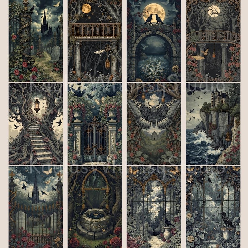 Vintage gothic junk journal artwork featuring wrought iron gates, moonlit waterways, gothic balconies, floral urns, ravens, and detailed architectural scenes in muted antique tones.