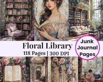 Kit de diario basura con diseño floral de biblioteca acogedora, estilo cottagecore, patrón de estantería, papel digital efímero imprimible para amantes de los libros vintage.