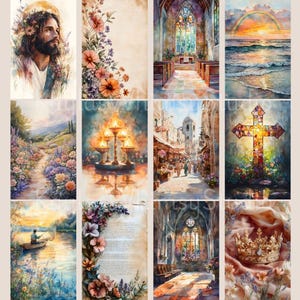 Puede incluir: Una colecci&oacute;n de grabados art&iacute;sticos en acuarela con temas religiosos. Las im&aacute;genes incluyen un retrato de Jes&uacute;s, arreglos florales, interiores de iglesias, paisajes, una cruz y una corona. La paleta de colores es suave, con tonos pastel y un enfoque en la luz y la sombra.