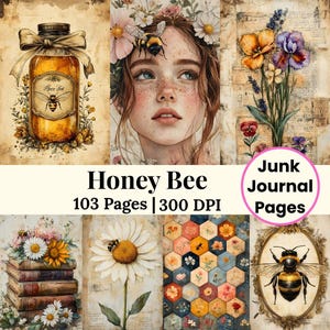 Honey Bee Junk Journal Kit Bee Ephemera Honey Bees Clipart Yellow Scrapbook Paper Spring Garden Printable Vintage Floral Art