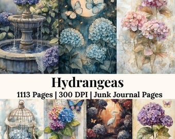 Hortensie Garten Junk Journal Kit, Blumen Ephemera druckbare Blumen Papiere, Frühling digitale Blumen Hintergründe, Vintage Blumen Kunst