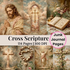 Könnte beinhalten: Eine Collage religiöser Bilder mit einem Porträt Jesu, einem Buntglasfenster mit Kreuz, einem offenen Buch, einem Rosenkranz und einem dekorativen Kreuz. Der Text "Cross Scripture Journal Pages" wird angezeigt.