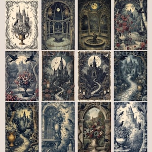 Gothic vintage ink journal pages featuring castle facades, winding stairways, gothic arches, moonlit skies, ravens, and ornate floral framing elements.