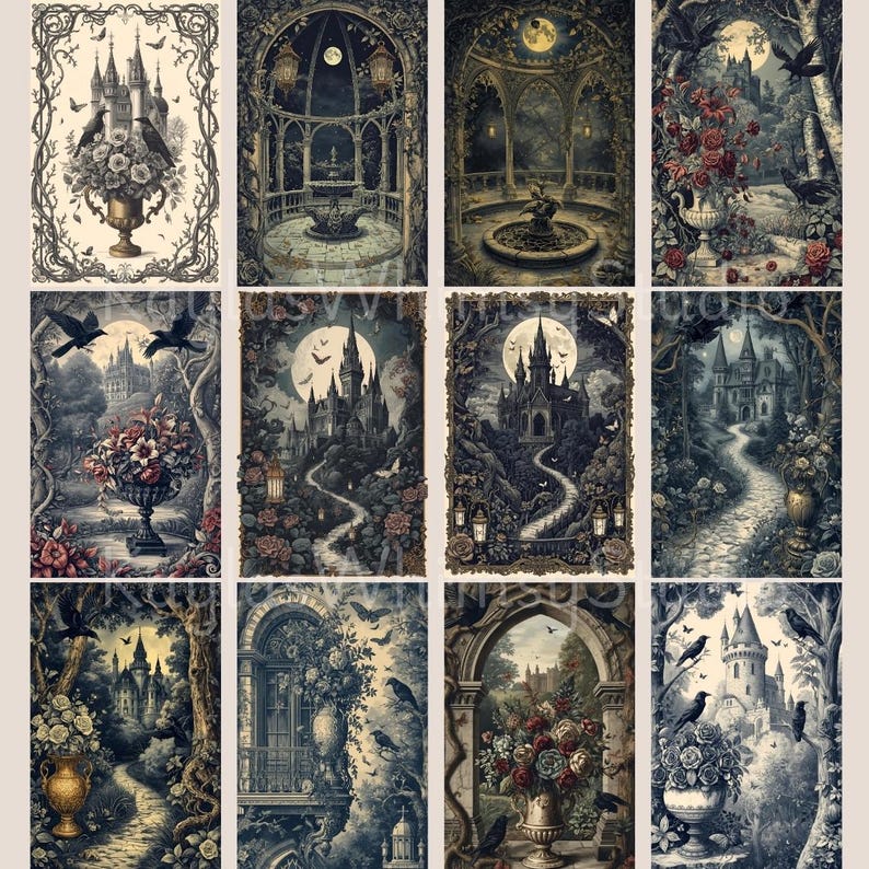 Gothic vintage ink journal pages featuring castle facades, winding stairways, gothic arches, moonlit skies, ravens, and ornate floral framing elements.