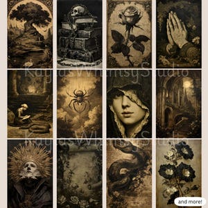 May include: A collection of sepia-toned art prints featuring gothic and vintage illustrations. The prints depict a variety of subjects, including a skull on books, a rose, praying hands, a spider, a woman, and a snake. The overall aesthetic is dark and detailed.