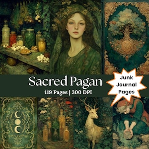 May include: Digital junk journal pages with a mystical theme. The image features a woman in green, jars of herbs, a deer, and a tree of life design. Text includes "Sacred Pagan", "119 Pages", and "300 DPI".