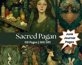 Sacred Pagan Page Grimoire Download Spiritual Nature Kit Mystic Background Moon Collage Sheet Green Witch Paper Magical Junk Journal Supply