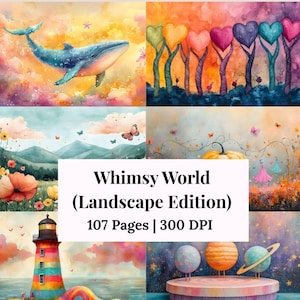 May include: A collection of whimsical watercolor landscape illustrations. The images include a whale in a colorful sky, heart-shaped trees, butterflies, a lighthouse, and planets. The text "Whimsy World (Landscape Edition)" is displayed.