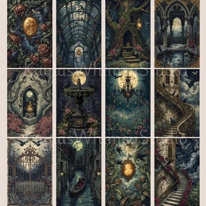 Dark gothic junk journal pages depicting candlelit interiors, grand libraries, moonlit fountains, stone corridors, gothic towers, and ornate architectural details in a vintage ink illustration style.