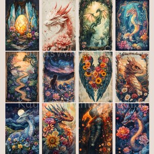 May include: A collection of twelve fantasy art prints featuring dragons, mythical creatures, and dreamlike landscapes. Each print showcases vibrant colors, floral accents, and intricate details. The artwork includes dragons, a mermaid, and a knight.