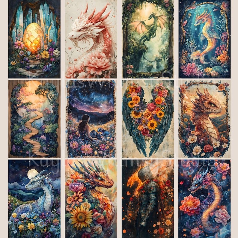 May include: A collection of twelve fantasy art prints featuring dragons, mythical creatures, and dreamlike landscapes. Each print showcases vibrant colors, floral accents, and intricate details. The artwork includes dragons, a mermaid, and a knight.