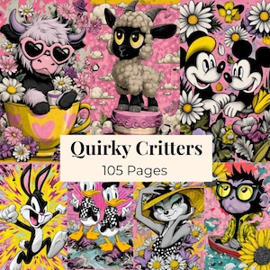 Può includere: Un collage di personaggi dei cartoni animati tra cui una mucca in una tazza da tè, una pecora su una torta, Topolino, un coniglio, Paperino, un personaggio con cappello e una scimmia con occhiali, con il testo Quirky Critters 105 Pages su sfondo floreale.