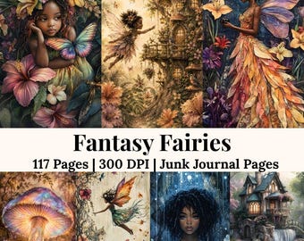 Afroamerikanisches Feen Junk Journal Bundle, Schwarze Fee Printable Kit, Wunderliche Fantasy Zauberwald Ephemera Märchen Journal Seiten