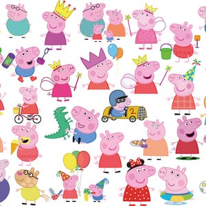 May include: A colourful assortment of Peppa Pig cartoon illustrations. The characters are predominantly pink, with some wearing crowns, holding wands, or riding vehicles. Other characters include a cat and a rabbit, all set against a white background.