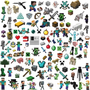 Può includere: Una collezione di personaggi e oggetti pixelati di Minecraft, tra cui Steve, zombi, creeper, spade, diamanti e animali. L'immagine presenta una varietà di colori e design, che rappresentano il popolare videogioco.