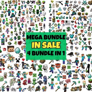 以下が含まれることがあります： 様々なキャラクター、動物、道具を描いたピクセルアートのデジタルコレクション。中央の緑色の長方形には、黒と黄色の文字で「MEGA BUNDLE IN SALE 4 BUNDLE IN 1」と表示されています。